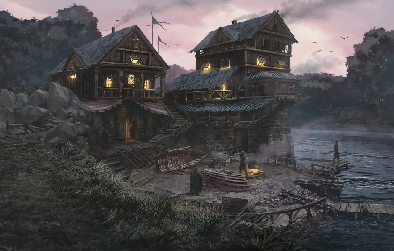 Photo wallpaper river, shore, people, structure, Riverside Warehouse