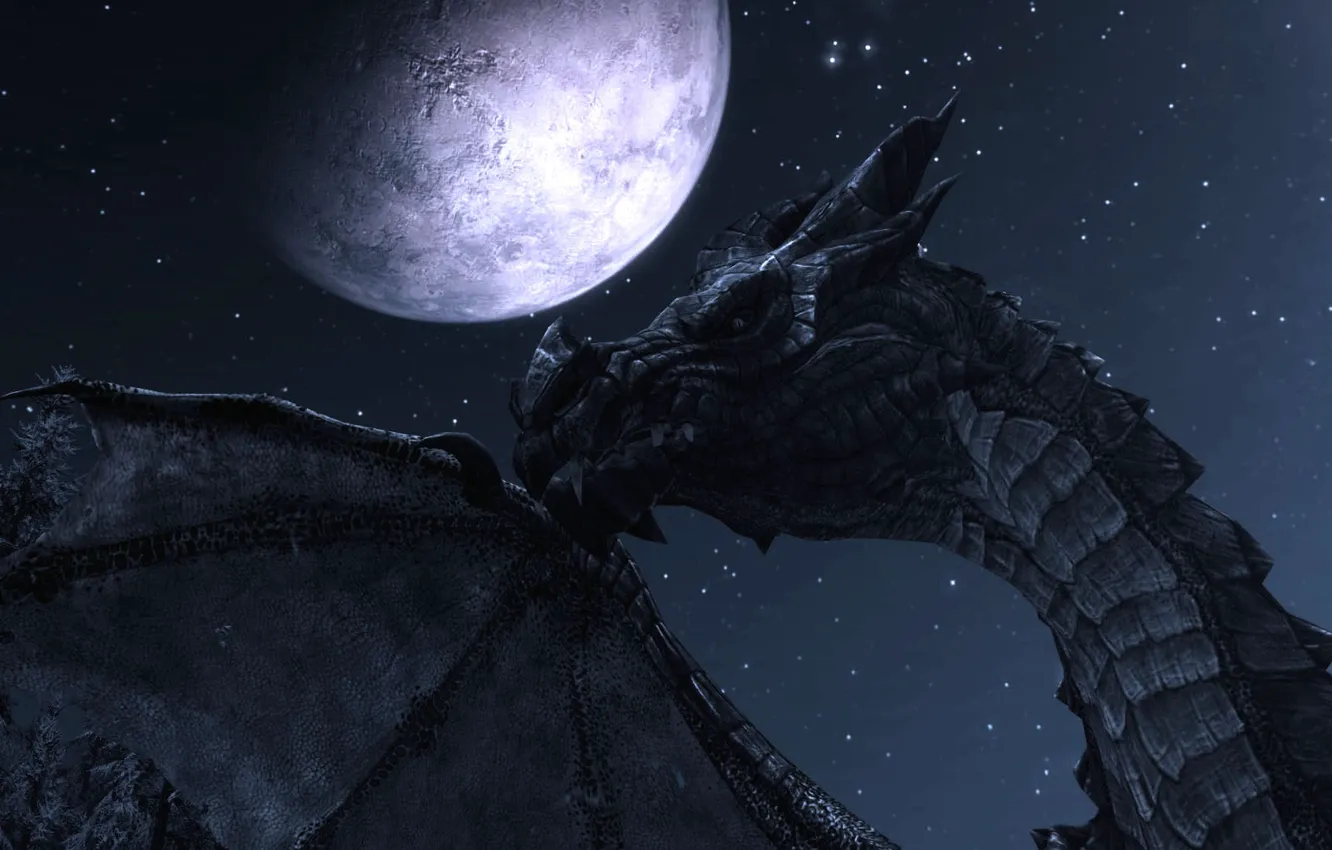 Photo wallpaper night, the moon, dragon, Skyrim, The Elder Scrolls V Skyrim