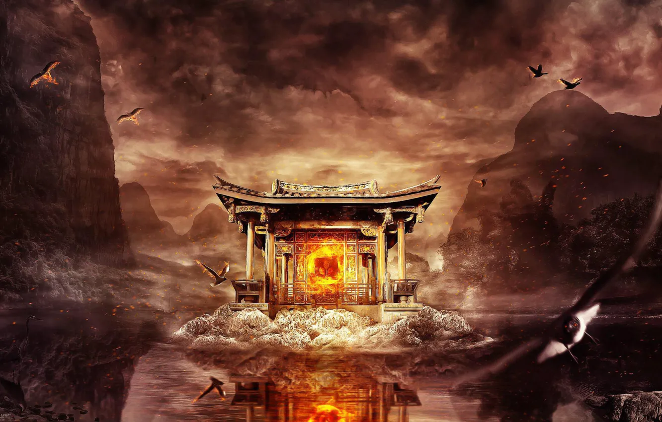 Photo wallpaper mountains, lights, mystic, East, burning birds, the gloomy sky, temple on the lake