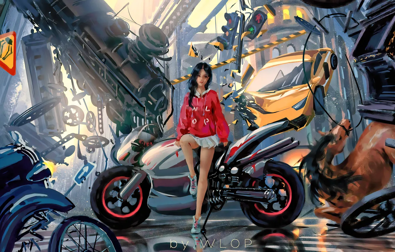 Photo wallpaper car, city, girl, fantasy, game, science fiction, motorcycle, sci-fi