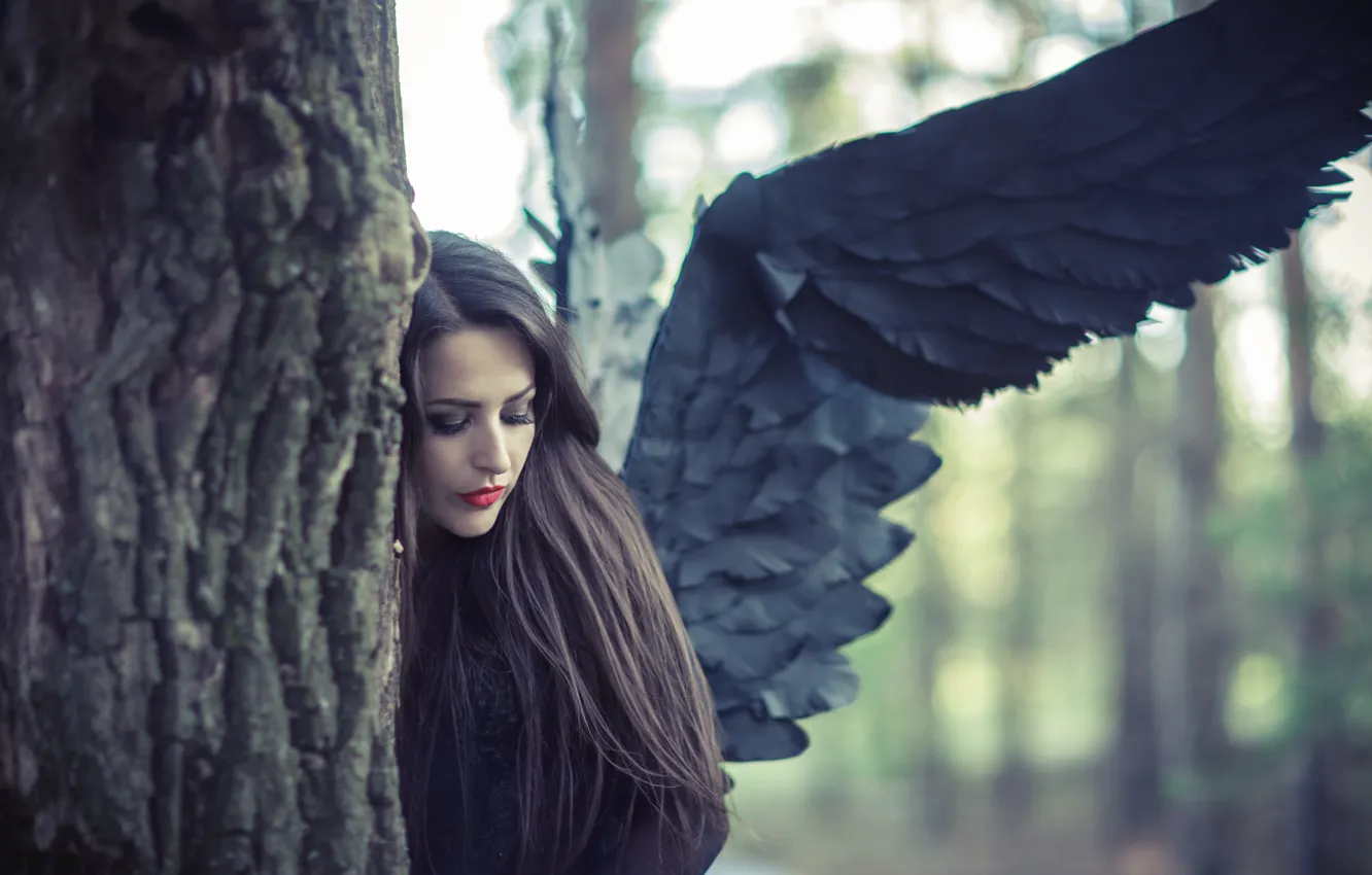 Photo wallpaper woman, angel, black wings