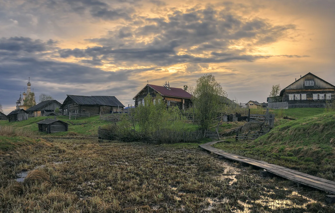 Photo wallpaper village, Church, Arkhangelsk oblast, Kimzha