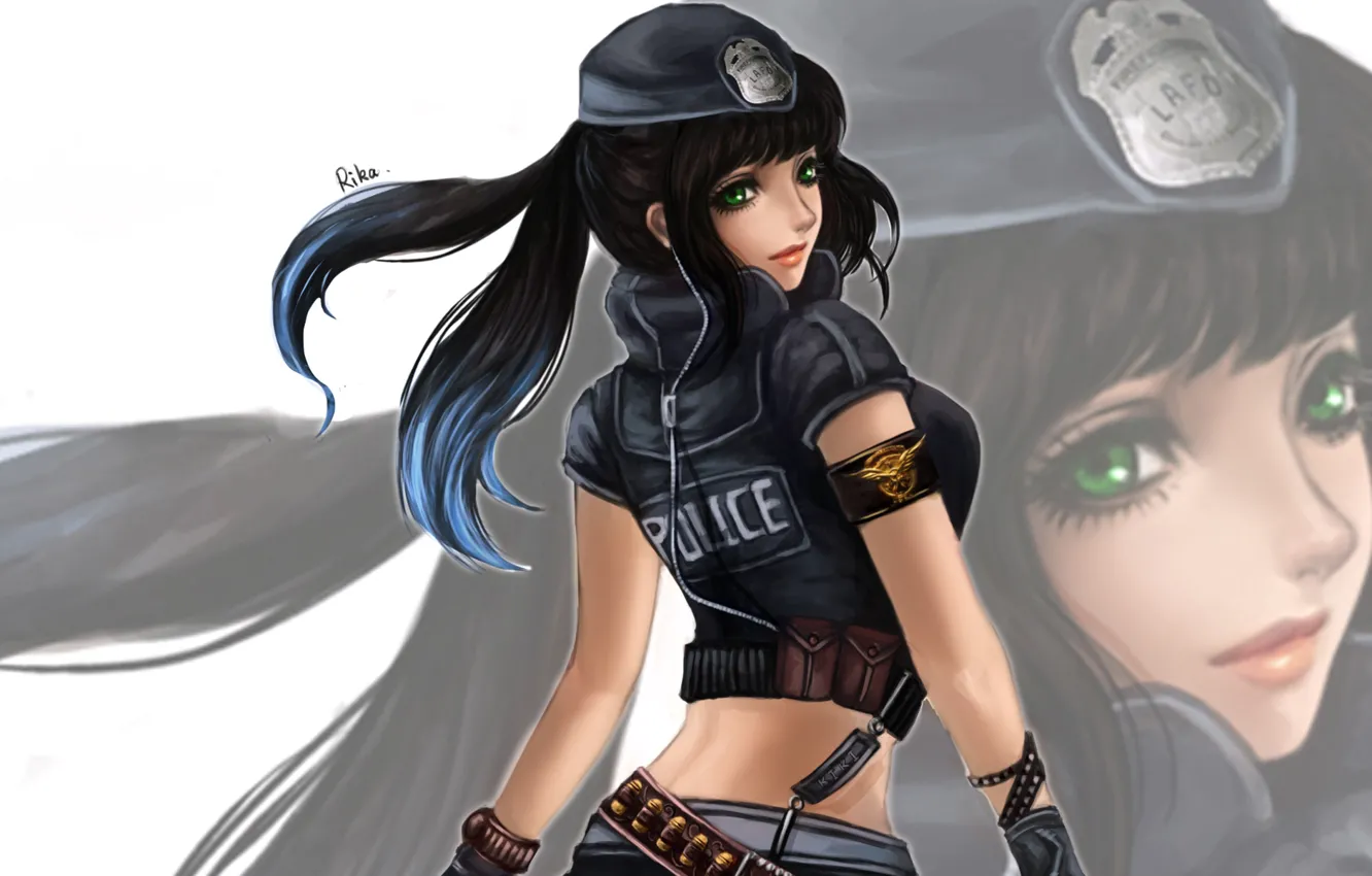 Photo wallpaper girl, background, police, headphones, art, Death Note, RikaMello, Kiki May