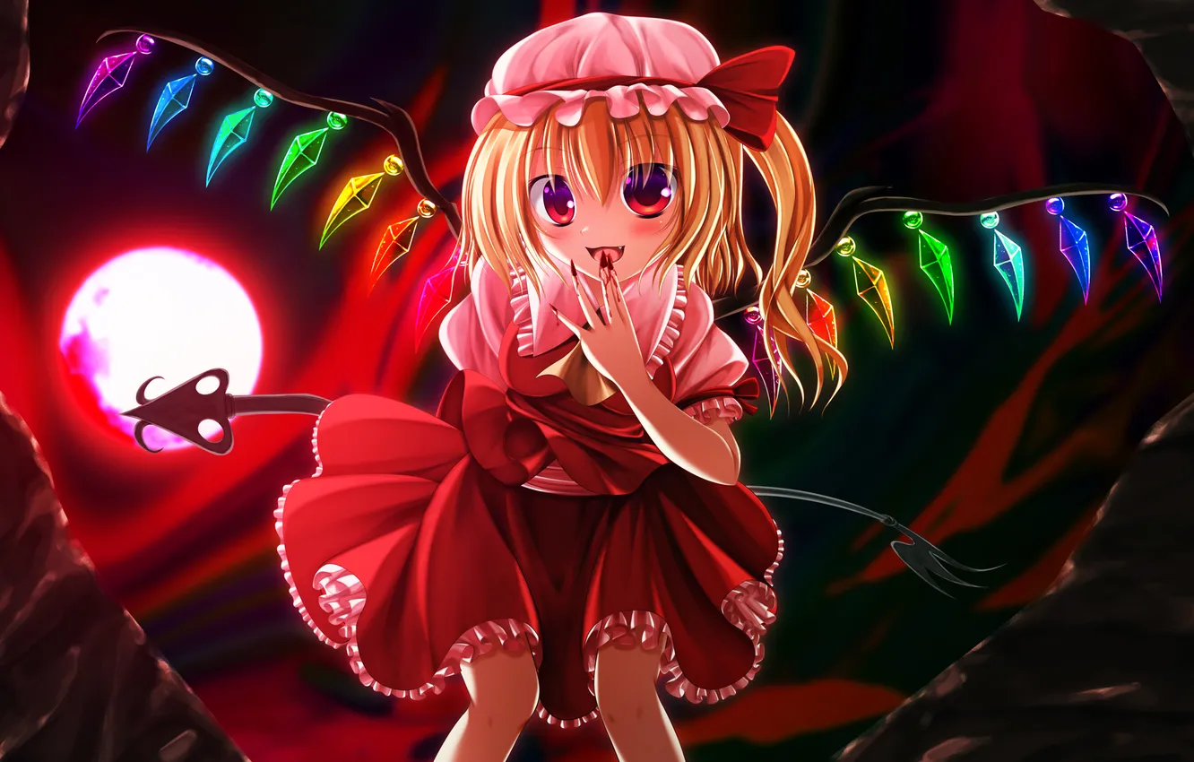 Photo wallpaper girl, the moon, blood, wings, the demon, art, claws, crystals