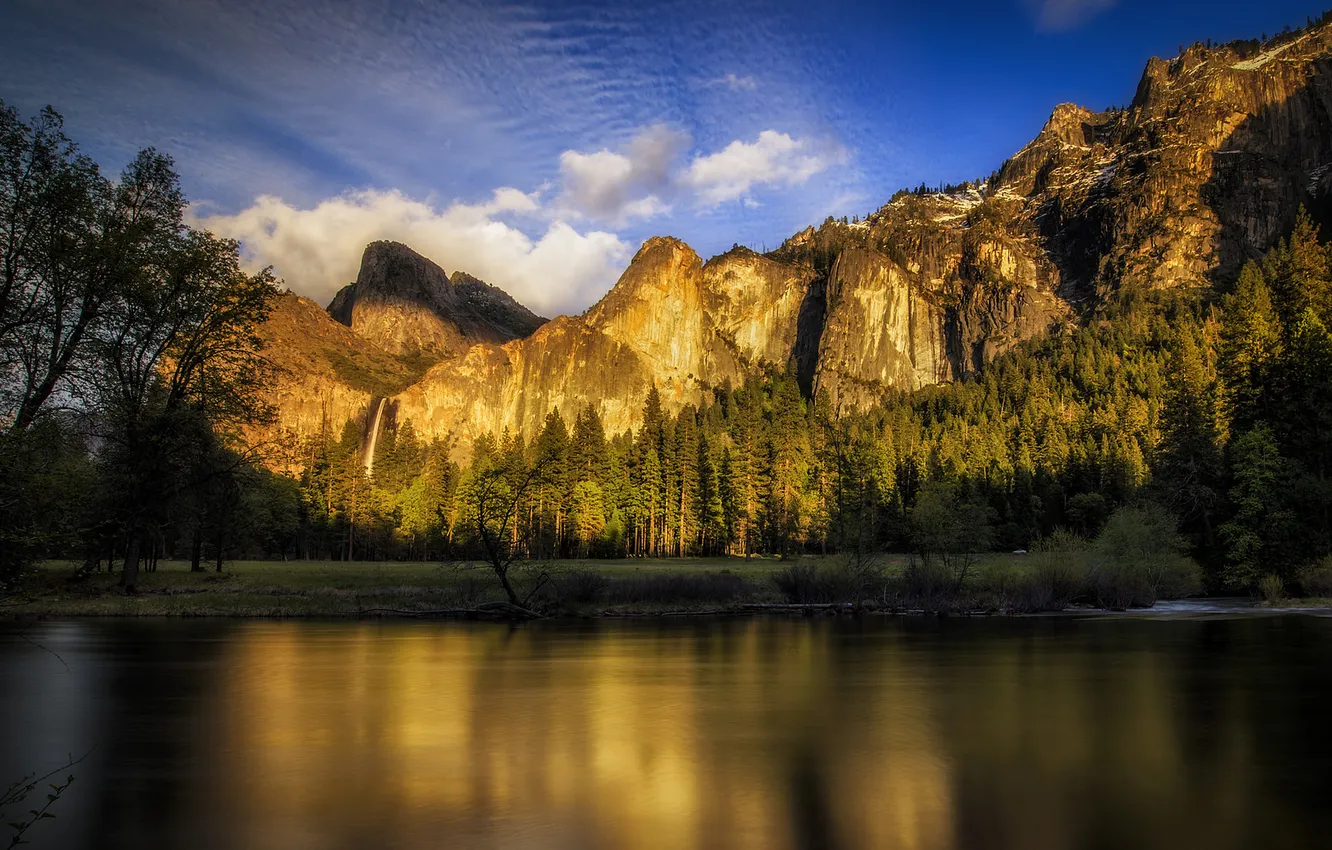 Photo wallpaper the sky, clouds, trees, sunset, mountains, river, USA, Yosemite National Park