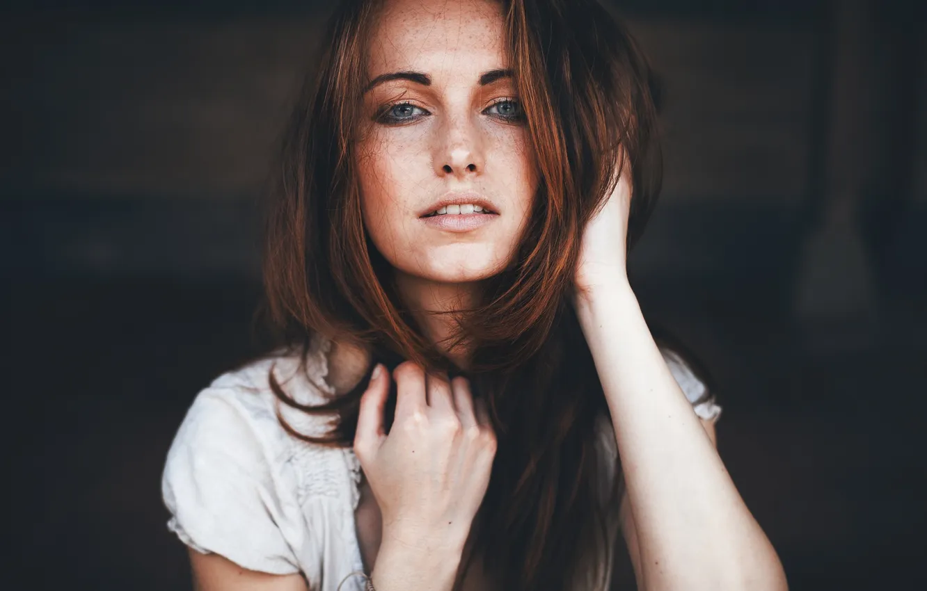 Photo wallpaper look, girl, smile, portrait, lips, freckles, face, Pollography