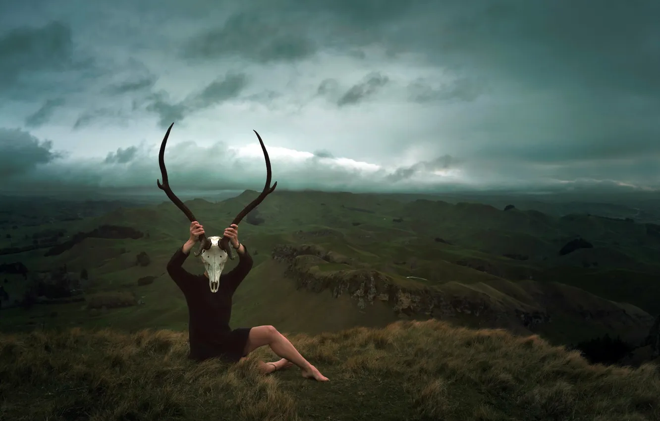 Photo wallpaper girl, stag, Waiting for the Storm