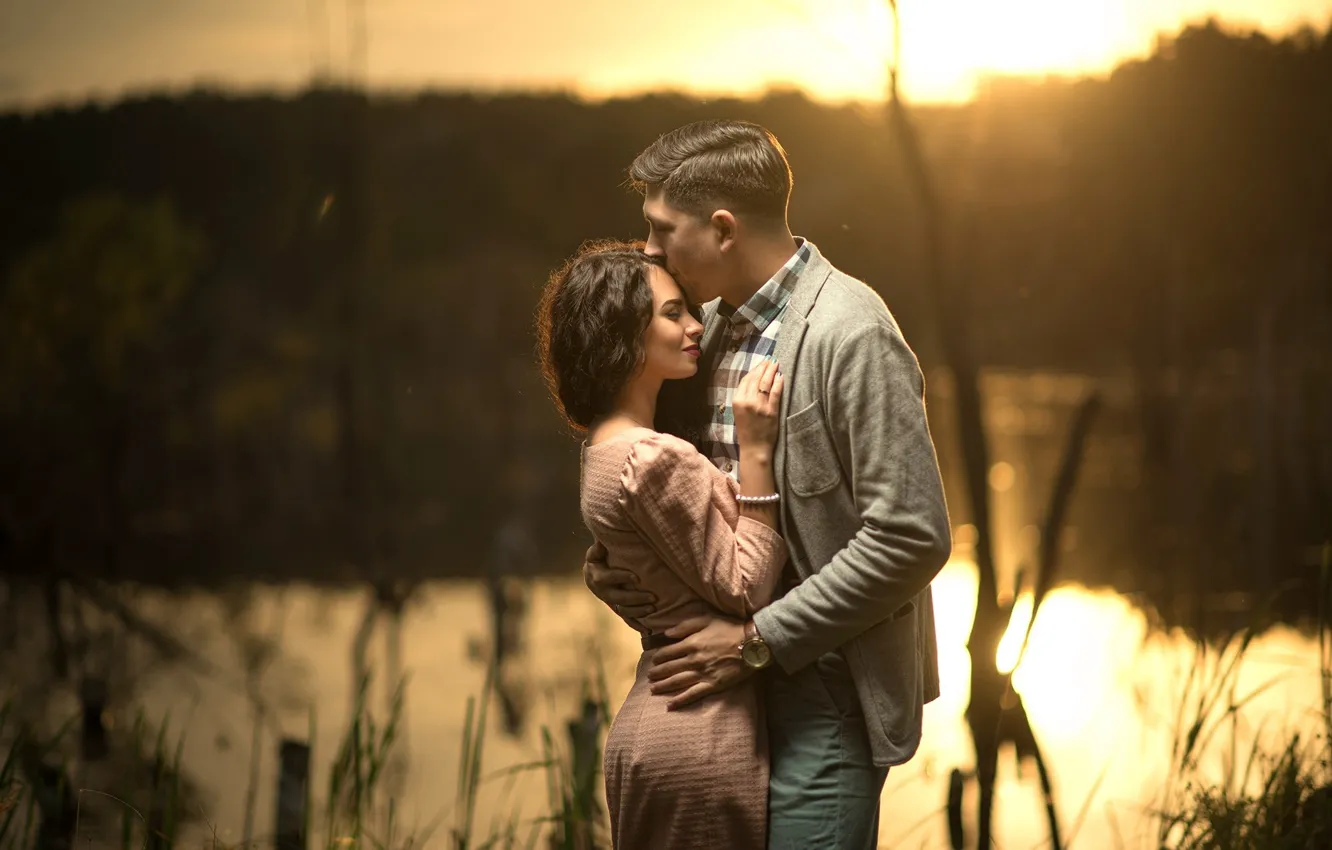 Photo wallpaper girl, river, romance, dress, hugs, pair, male, lovers