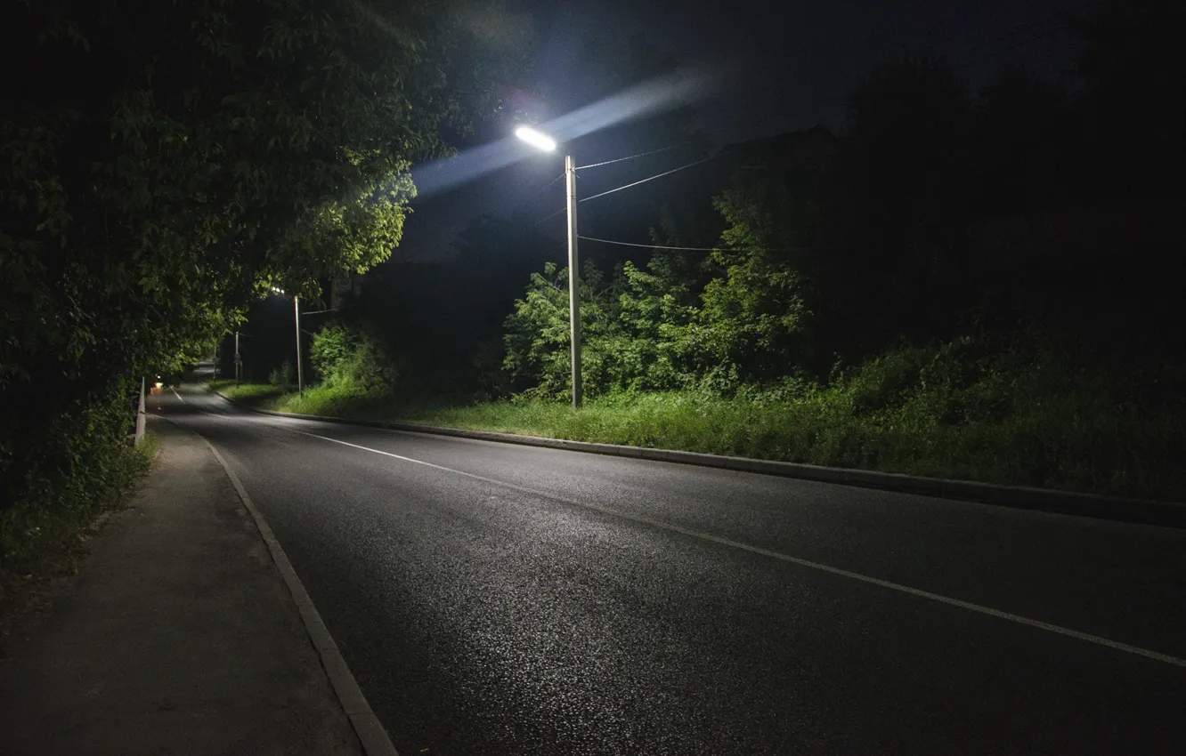 Photo wallpaper road, asphalt, night, the dark background, lantern