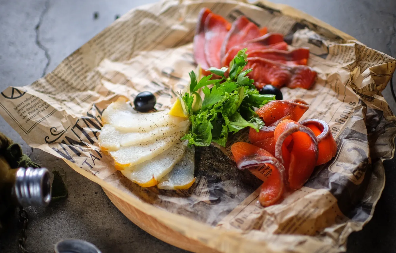 Photo wallpaper lemon, food, fish, Board, olives, parsley, cutting, seafood