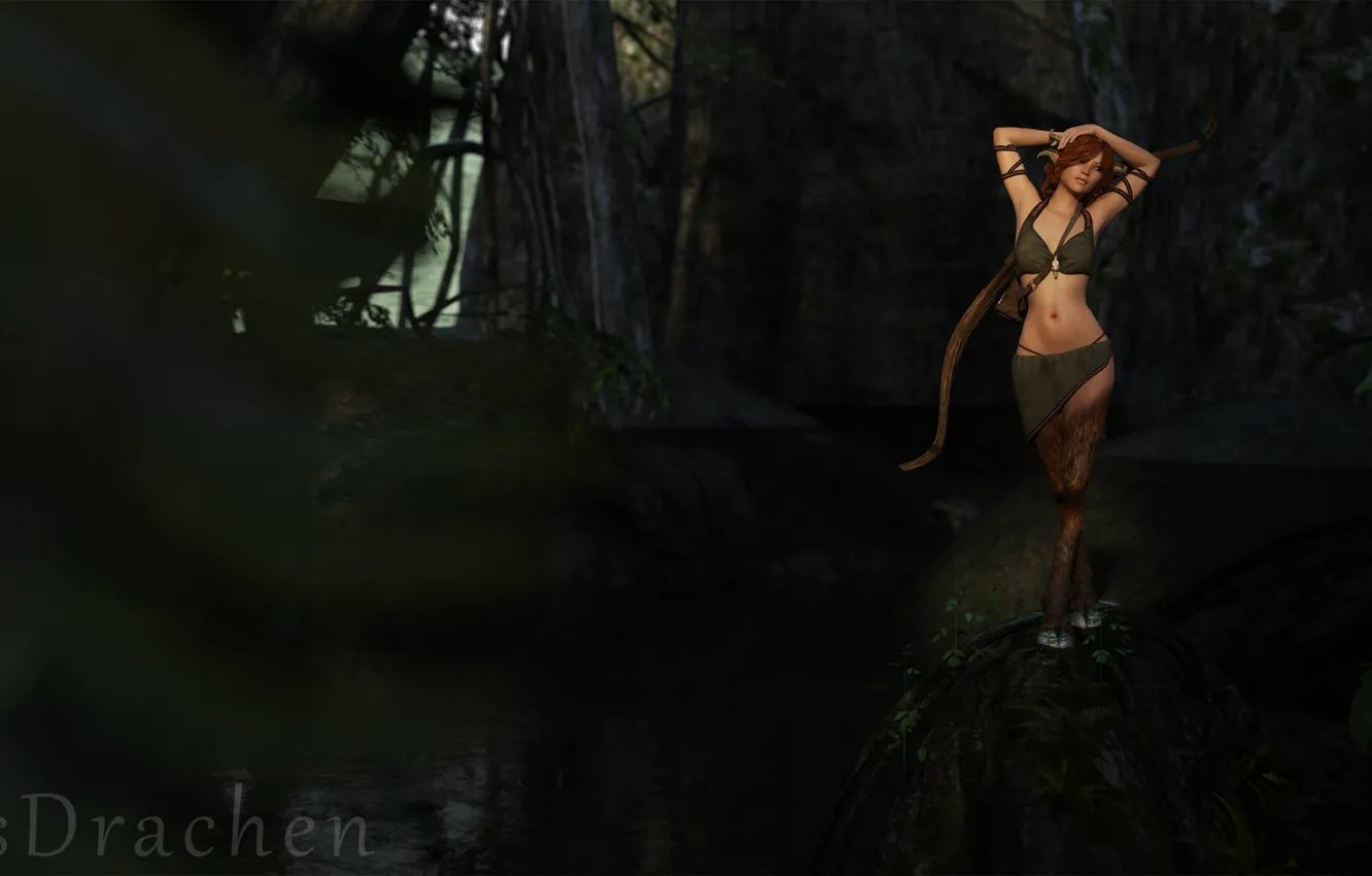 Photo wallpaper Fantasy, Render, Fawn, Forest, Bow