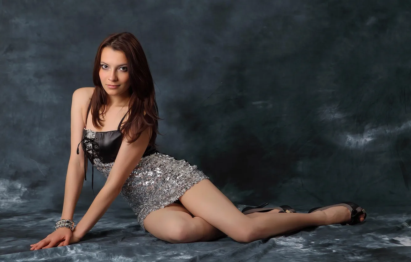 Photo wallpaper girl, beautiful, brunette, heels, mini dress