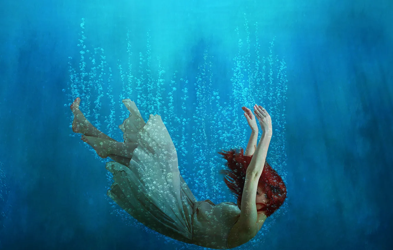 Photo wallpaper water, depth, dress, red hair, dip, air bubbles, The girl is drowning, To the bottom