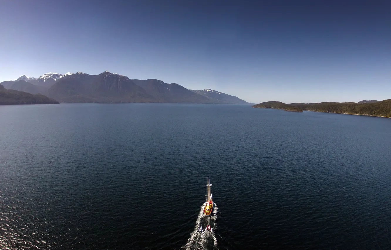 Photo wallpaper sea, mountains, shore, yacht