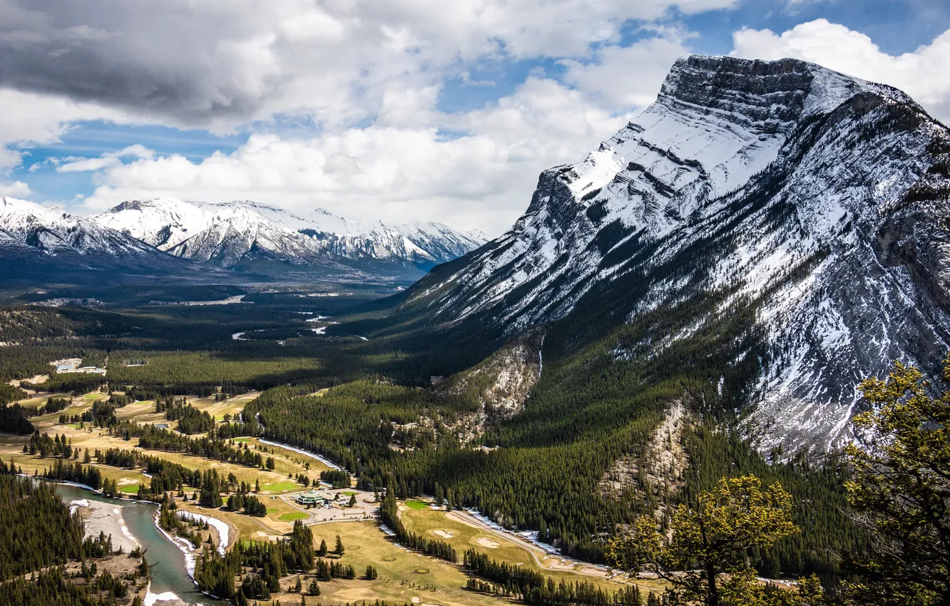 Photo wallpaper forest, clouds, light, snow, mountains, river, shore, tops