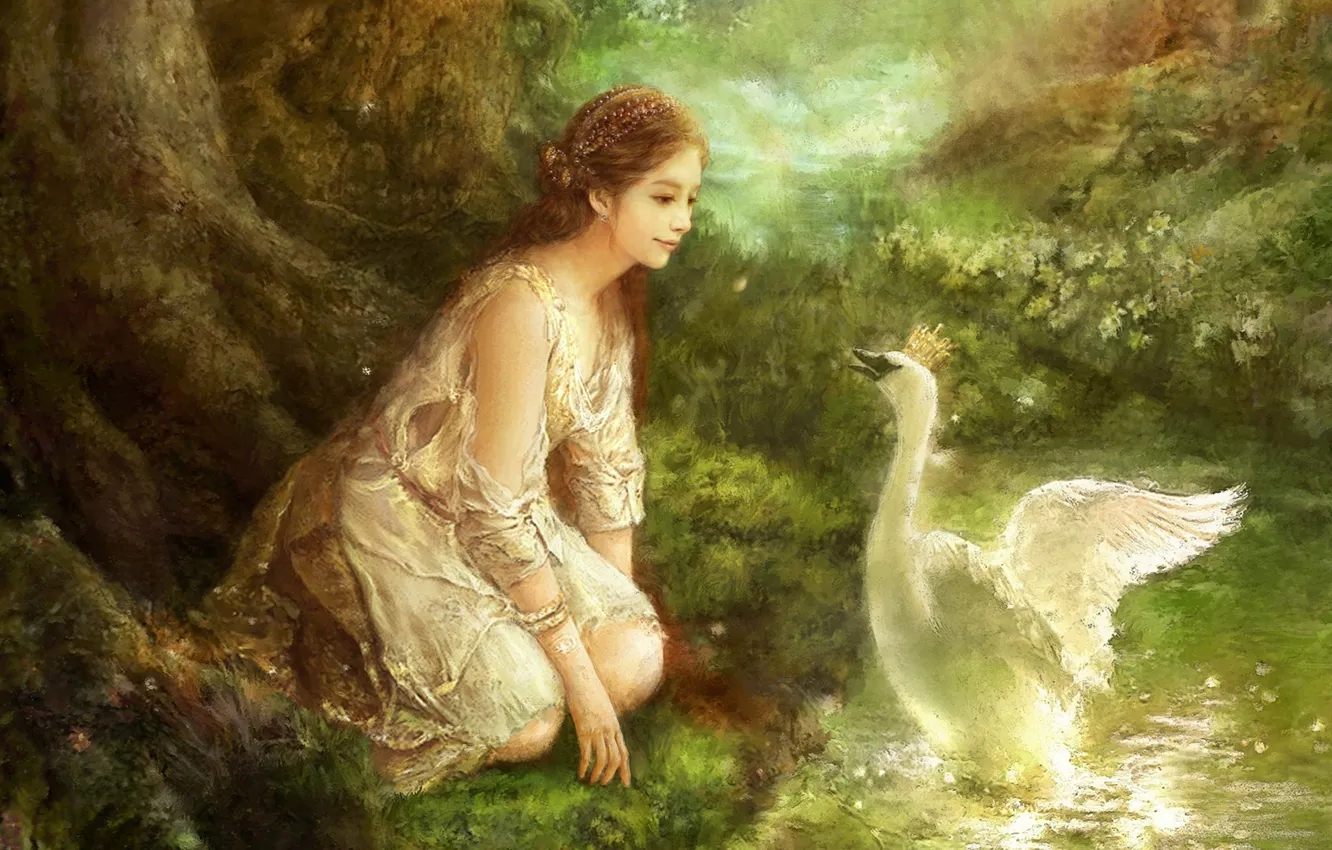 Photo wallpaper forest, flowers, stream, oil, picture, crown, fantasy, art