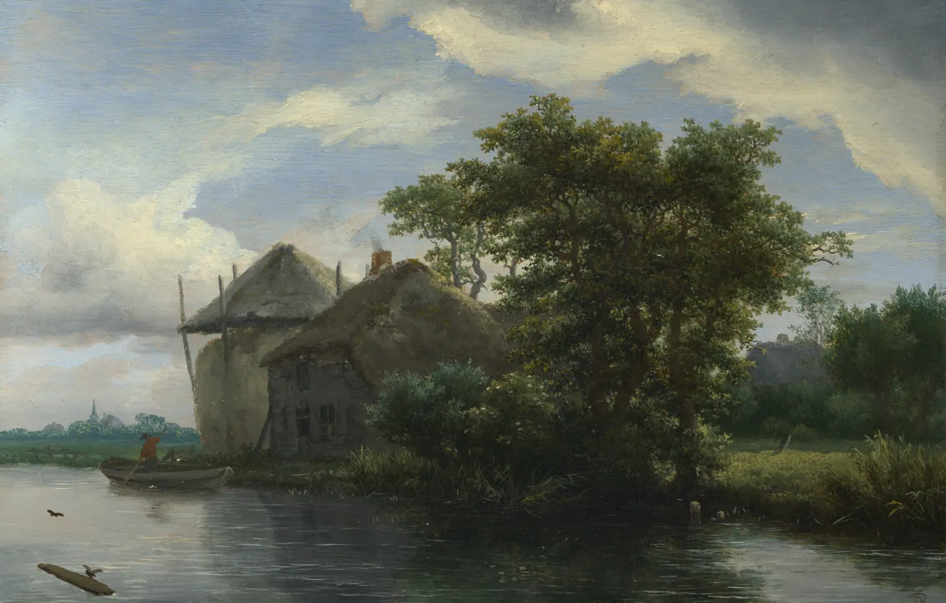 Photo wallpaper landscape, picture, Jacob van Ruisdael, Jacob van Ruisdael, A cottage and a hayrick by a …