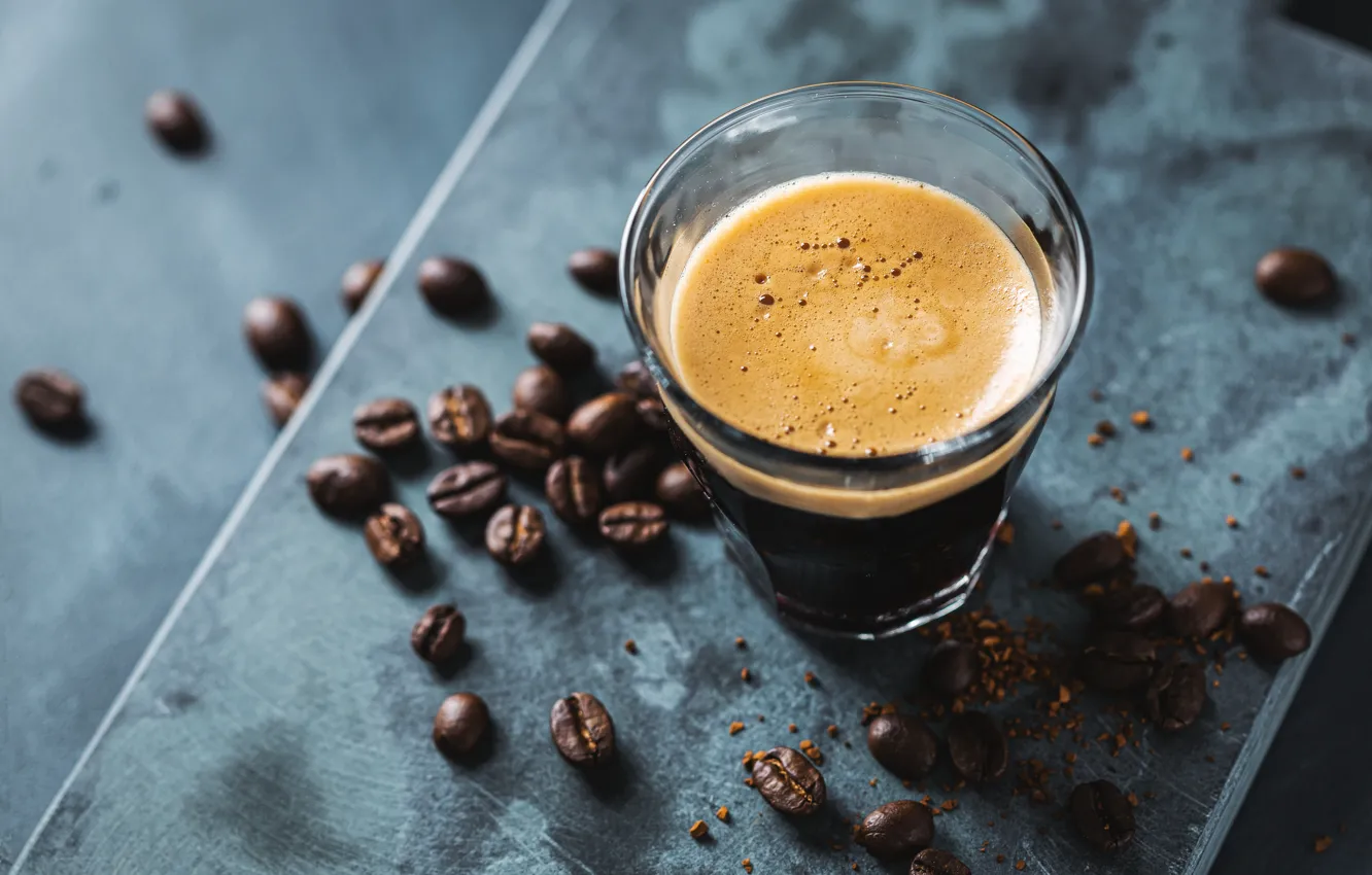 Photo wallpaper glass, glass, table, background, coffee, placer, coffee beans, the view from the top