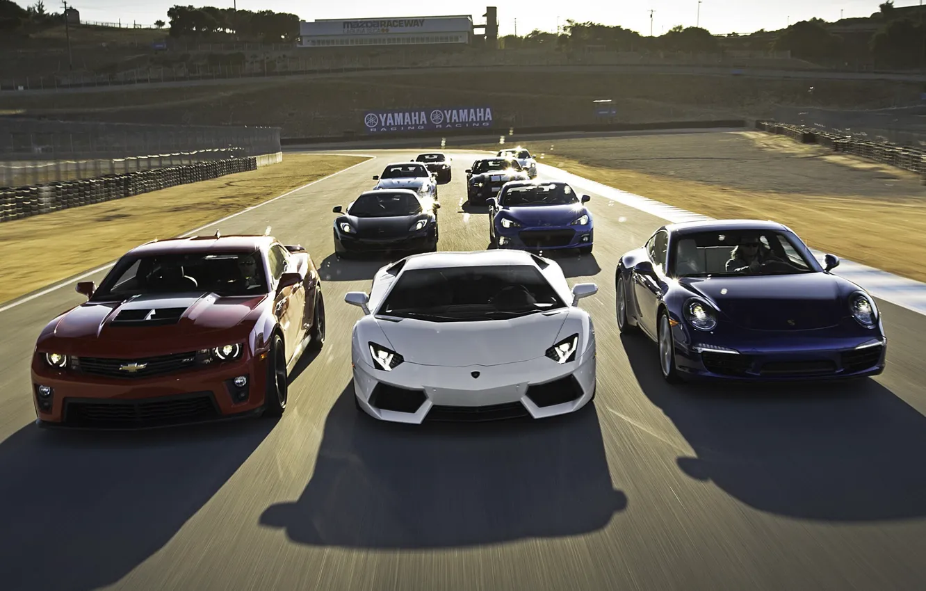 Photo wallpaper race, class, track, sports cars, Chevrolet Camaro, McLaren MP4-12C, Lamborghini LP700-4 Aventador, subaru brz 2.0 …