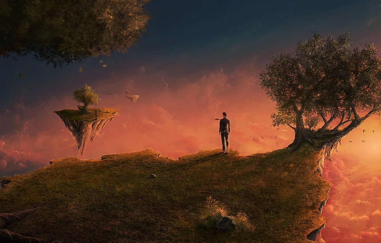 Photo wallpaper clouds, trees, clouds, flying islands, flying Islands, a tree, a lonely figure, A Lonely Figure