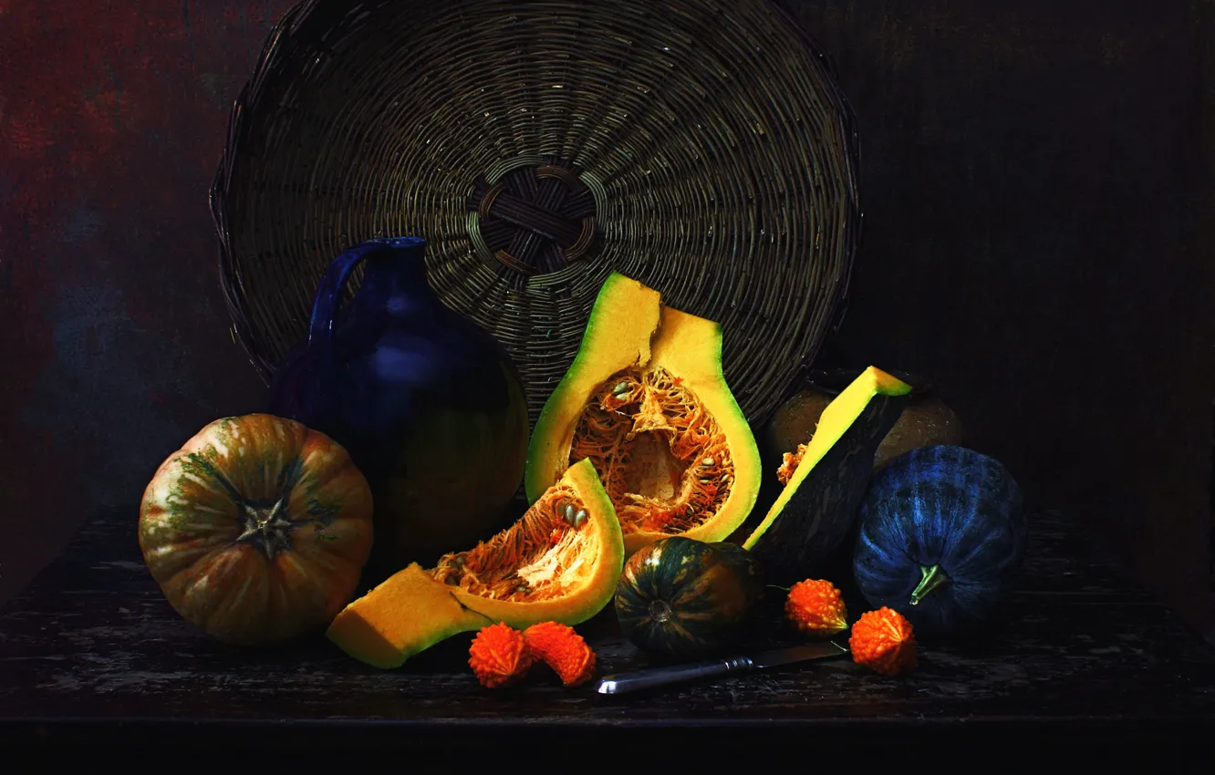 Photo wallpaper the dark background, dishes, pumpkin, pitcher, still life, network, items, composition