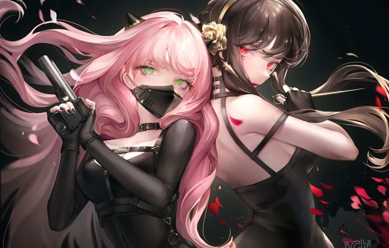 Photo wallpaper gun, pistol, pink hair, bodysuit, green eyes, anime, red eyes, women