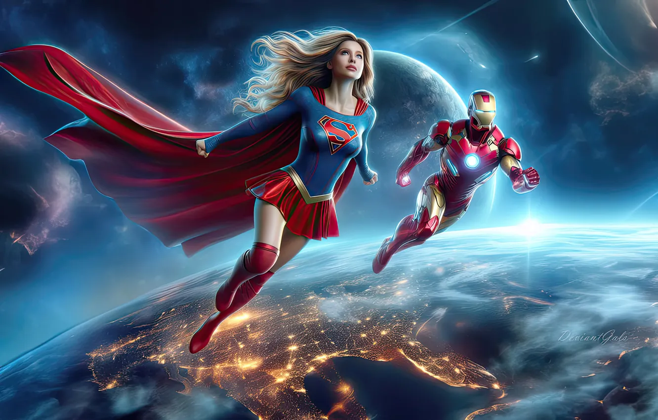 Photo wallpaper Supergirl, Iron-Man, fantast art