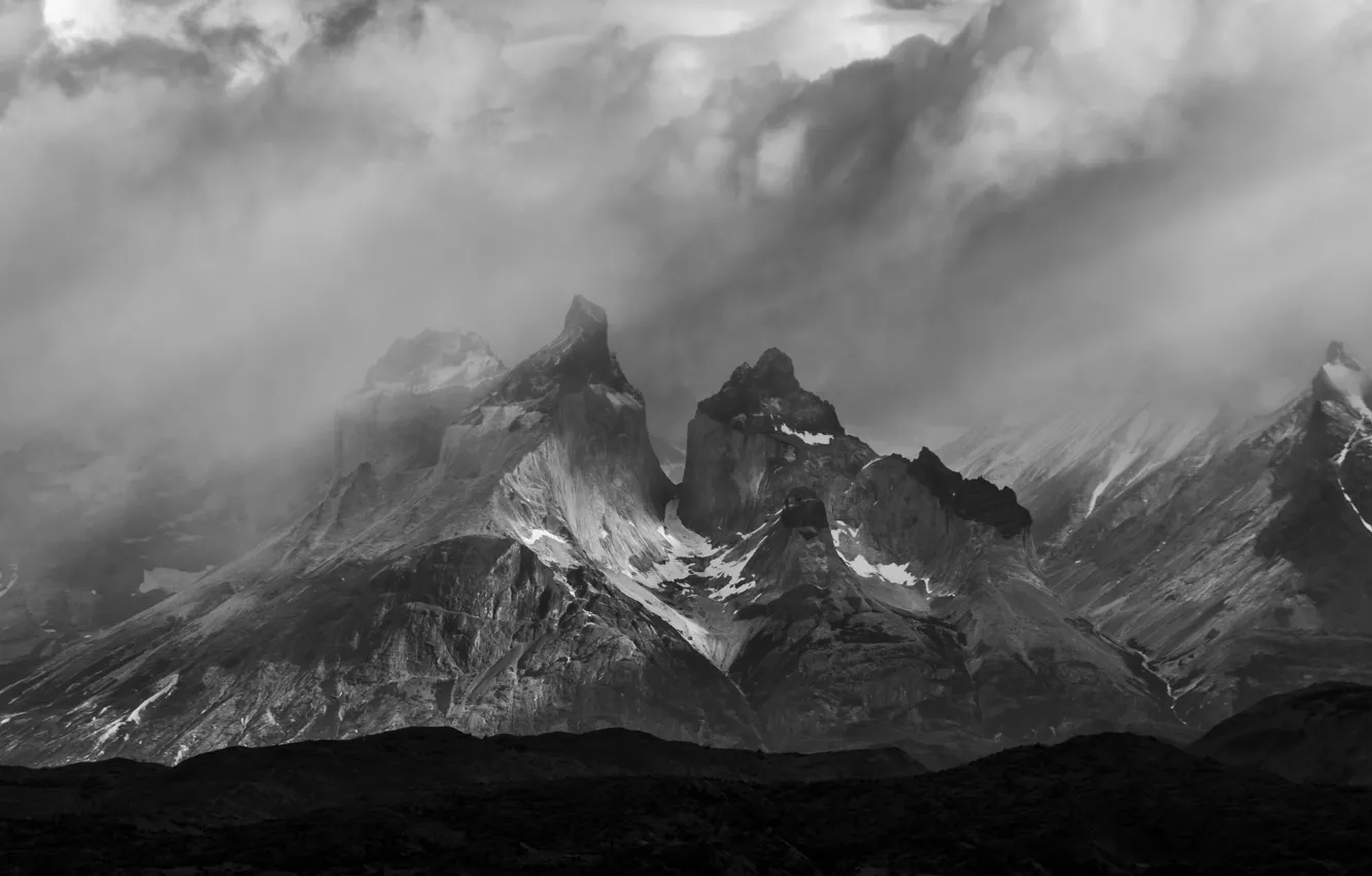 Photo wallpaper the sky, clouds, mountains, clouds, nature, rocks, black and white, monochrome