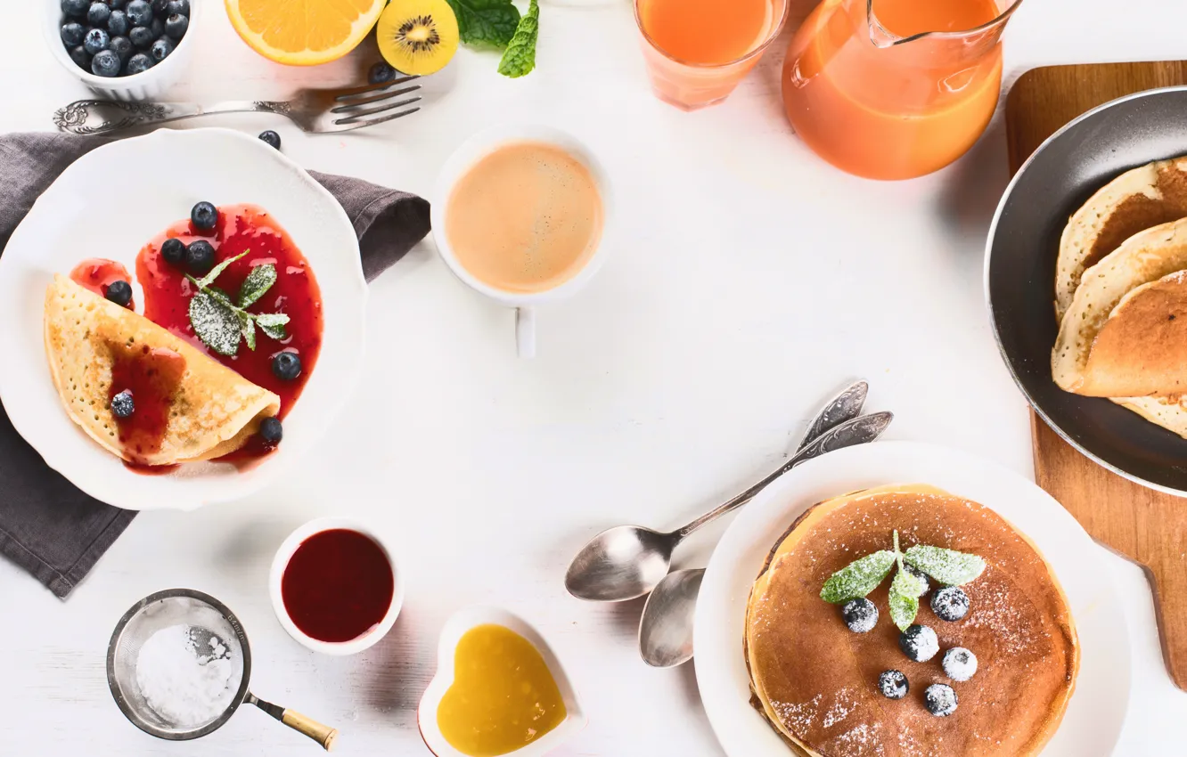 Photo wallpaper berries, coffee, Breakfast, juice, fruit, pancakes, jam, decanter