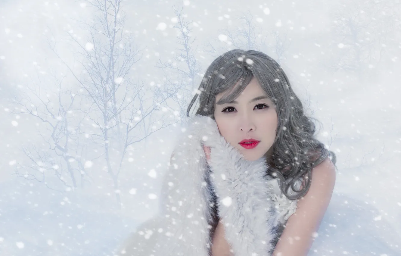 Photo wallpaper winter, look, girl, snow, trees, branches, nature, Park