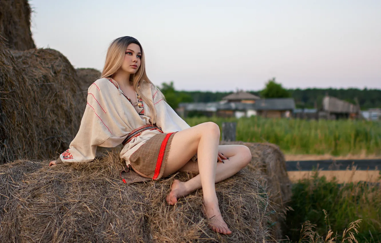 Photo wallpaper girl, pose, mood, feet, village, hay, Kip, Alexander Bessonov