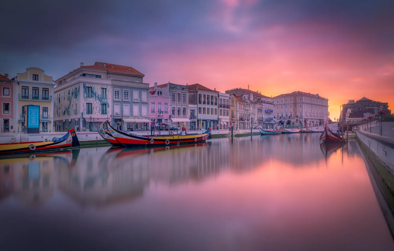 Photo wallpaper dawn, boat, building, home, channel, Portugal, Portugal, Aveiro