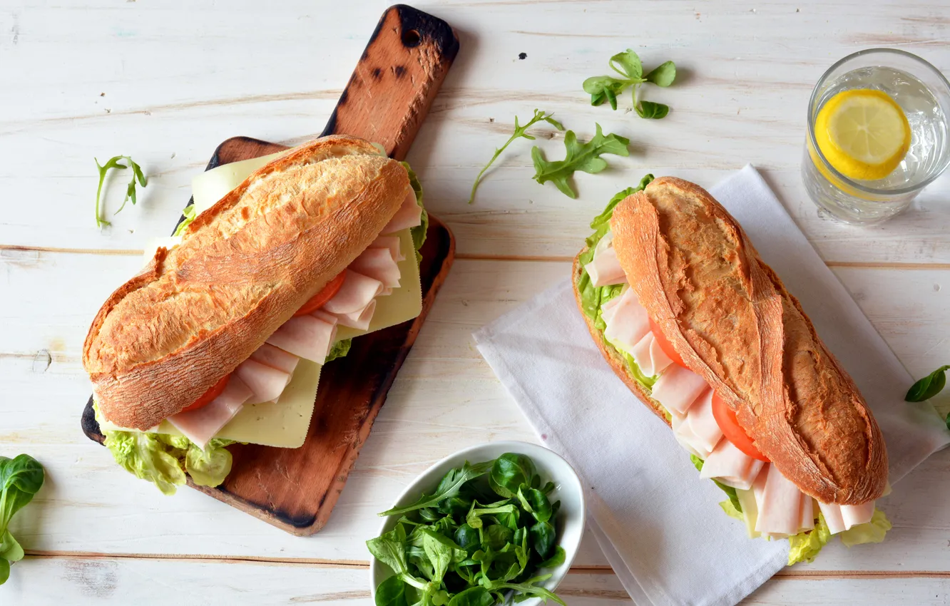Photo wallpaper greens, cheese, bread, sandwich, tomato, buns, cheese, ham