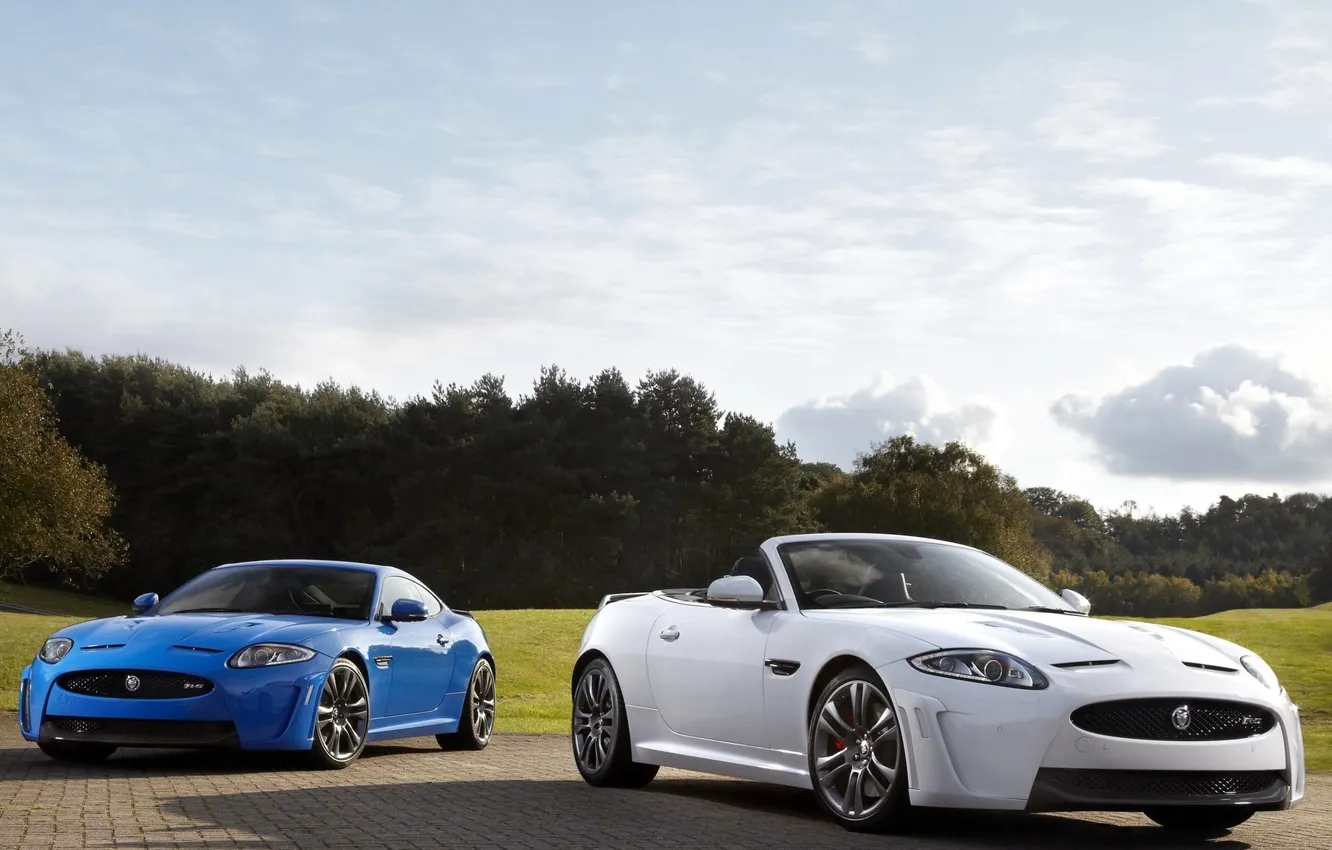 Photo wallpaper white, the sky, trees, blue, coupe, Jaguar, Jaguar, supercar