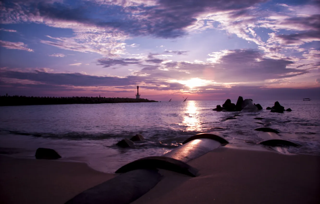 Photo wallpaper rock, beach, cloud, sunrise, boat, lighthouse