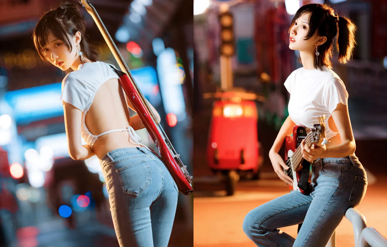 Photo wallpaper Dark, Beautiful, Asian, Model, Smile, Night, Street, Guitar