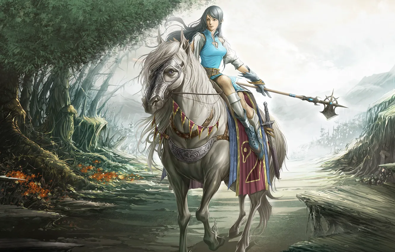 Photo wallpaper forest, weapons, horse, Girl, tale, sword