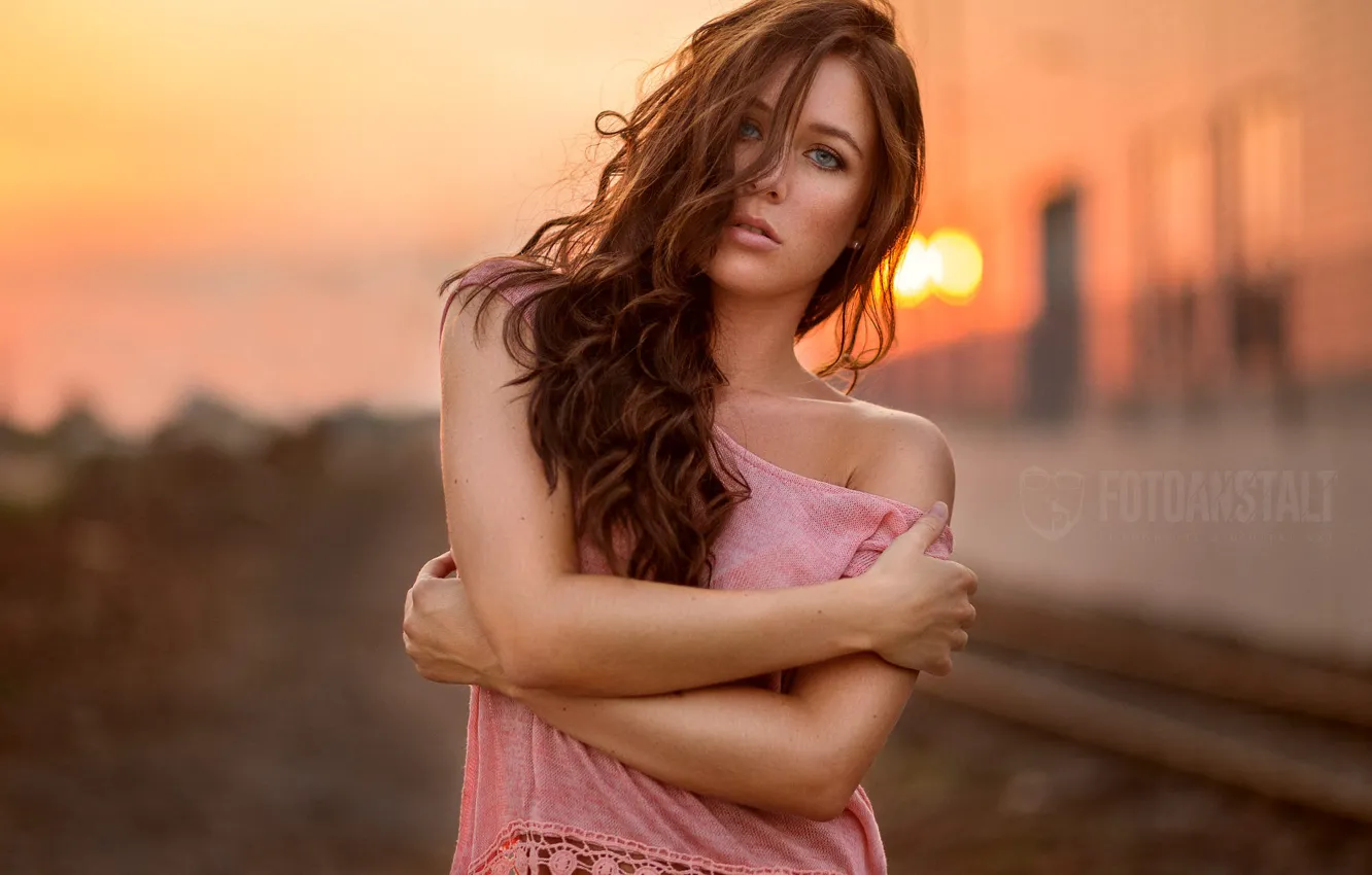 Photo wallpaper girl, sunset, hair, blouse, shoulders, bokeh, DieFotoanstalt