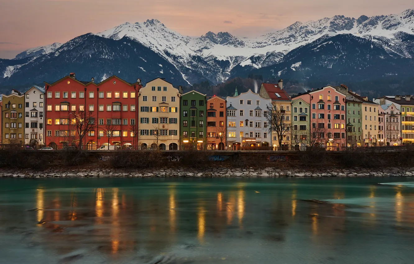 Photo wallpaper snow, mountains, the city, lights, river, shore, building, home