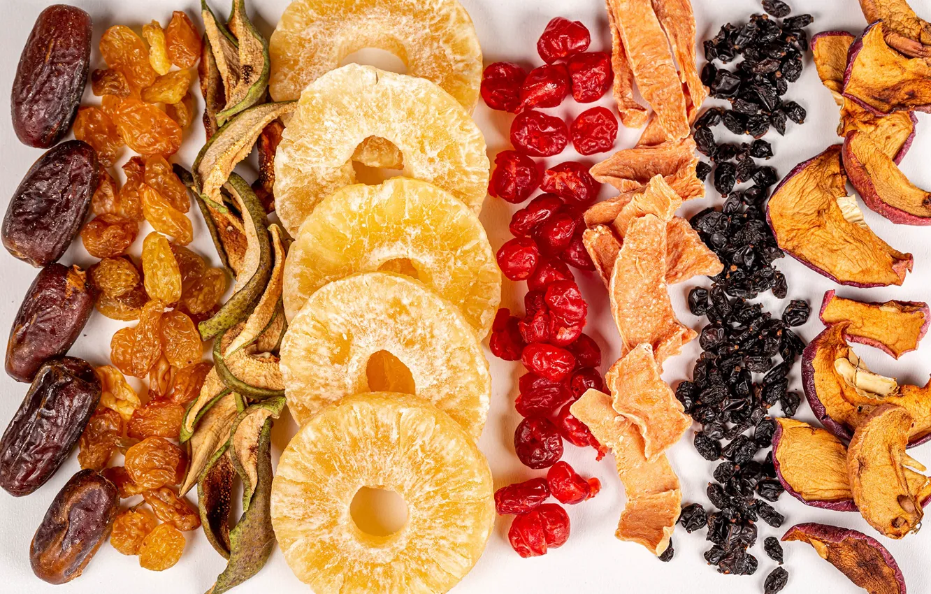Photo wallpaper apples, pineapple, raisins, dried fruits, dates