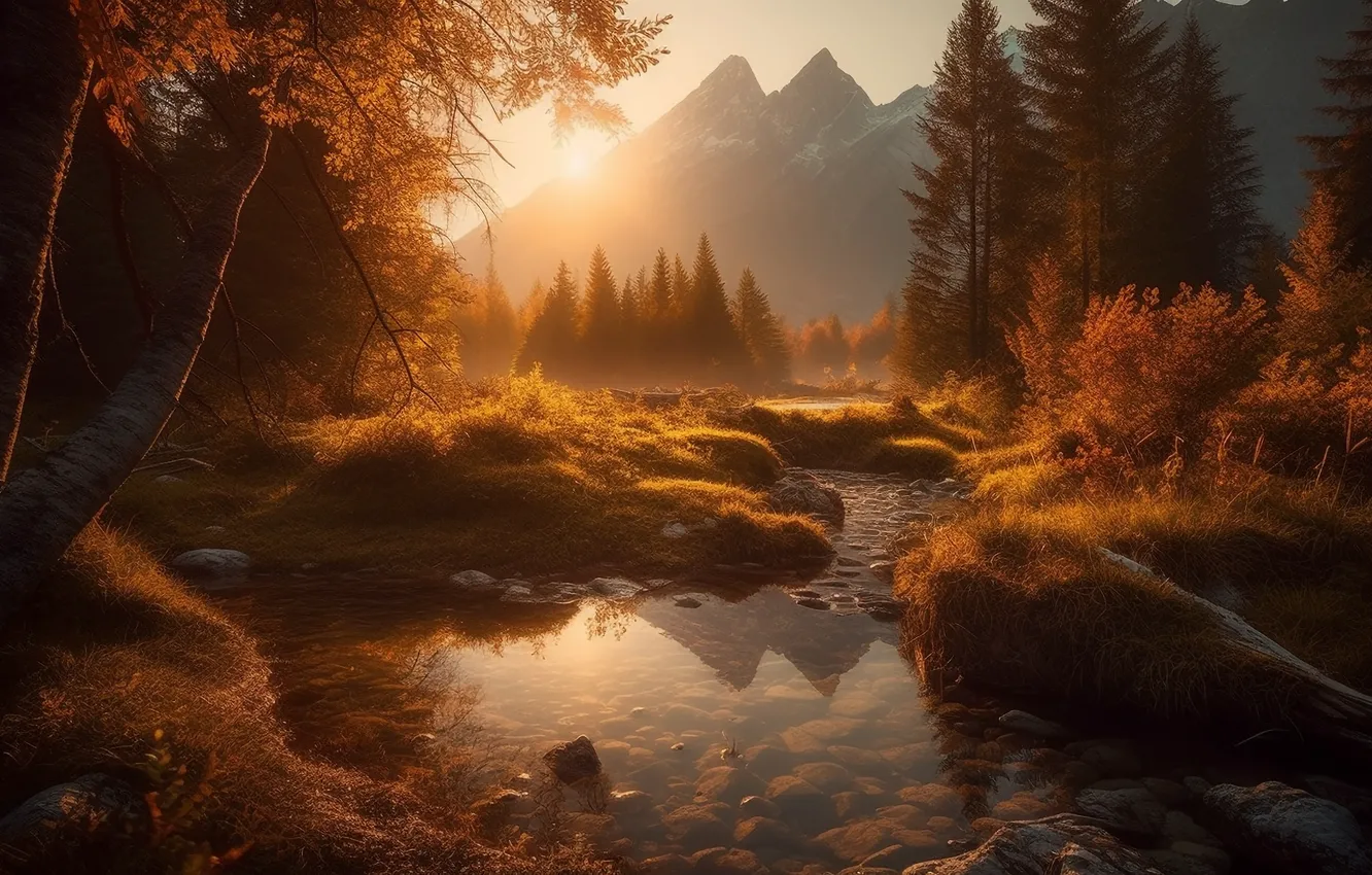 Photo wallpaper autumn, forest, the sun, light, landscape, mountains, nature, fog