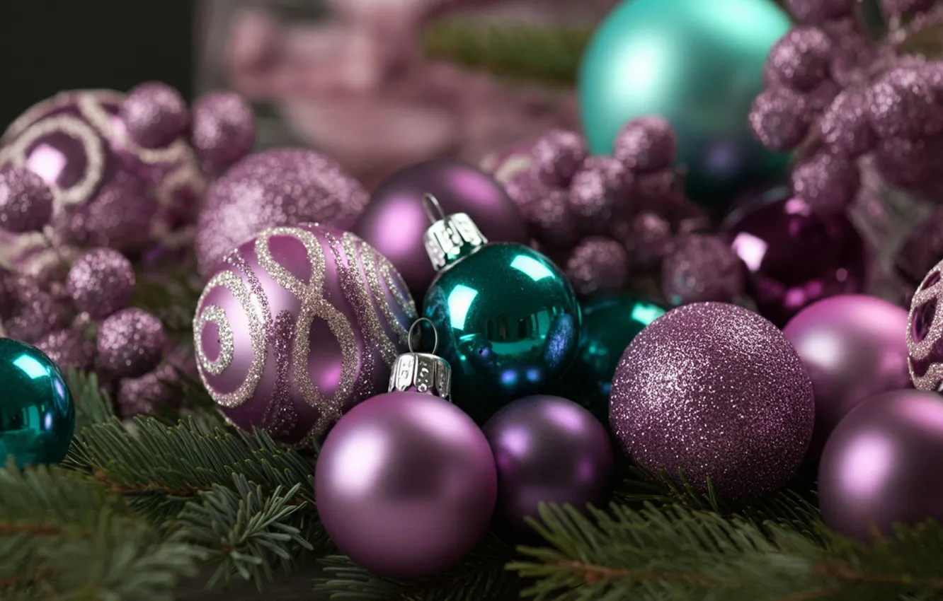 Photo wallpaper balls, branches, green, pattern, Shine, new year, Christmas, needles