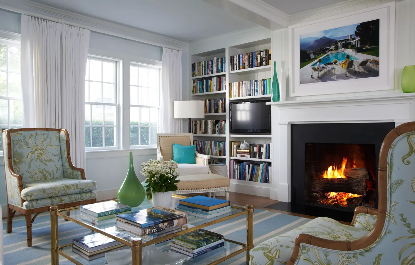 Photo wallpaper design, style, room, interior, book, fireplace, living room
