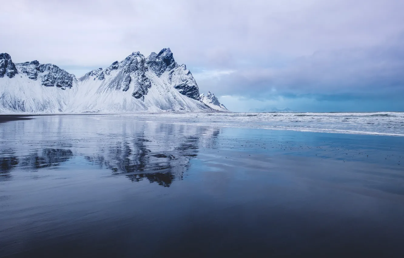 Photo wallpaper sea, the sky, clouds, snow, mountains, nature, rocks, shore