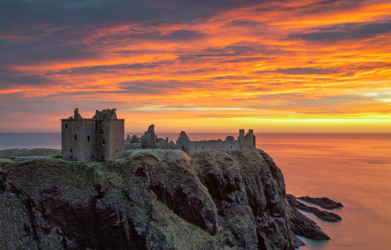 Photo wallpaper sea, the sky, clouds, sunset, Scotland, ruins, Dunnottar castle, medieval architecture