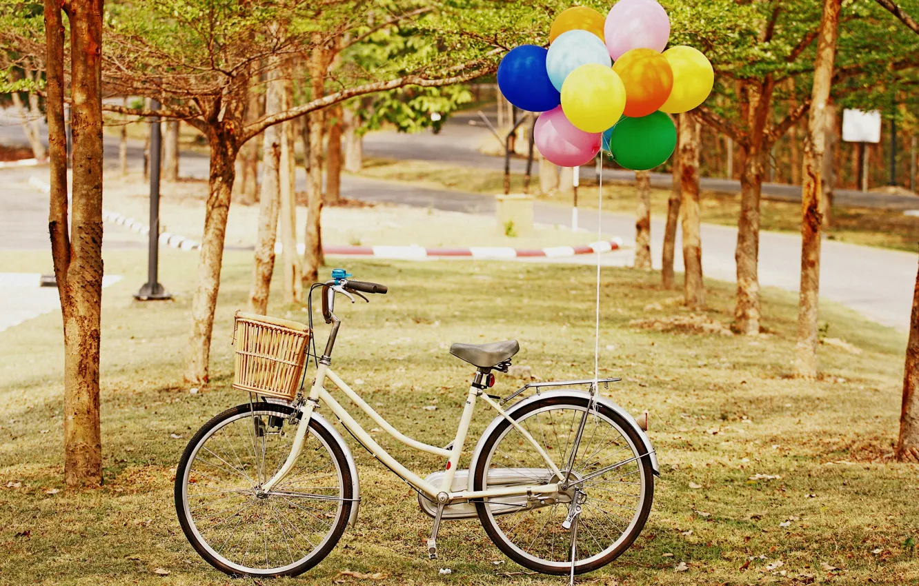 Photo wallpaper greens, grass, balls, trees, bike, balloon, background, mood