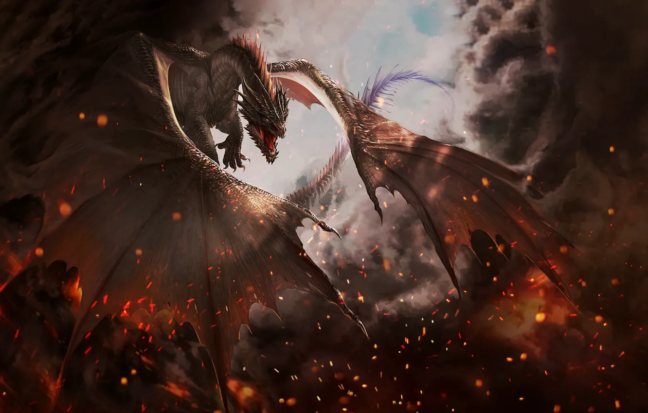 Photo wallpaper the sky, lights, fiction, dragon, smoke, art, fantasy, art