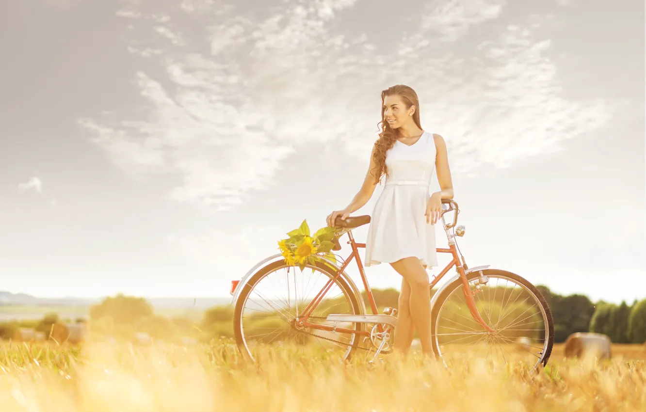 Photo wallpaper field, girl, sunflowers, bike, hay