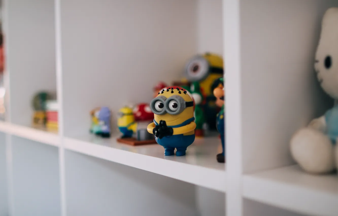 Photo wallpaper eyes, yellow, toy, glasses, shelf, minion