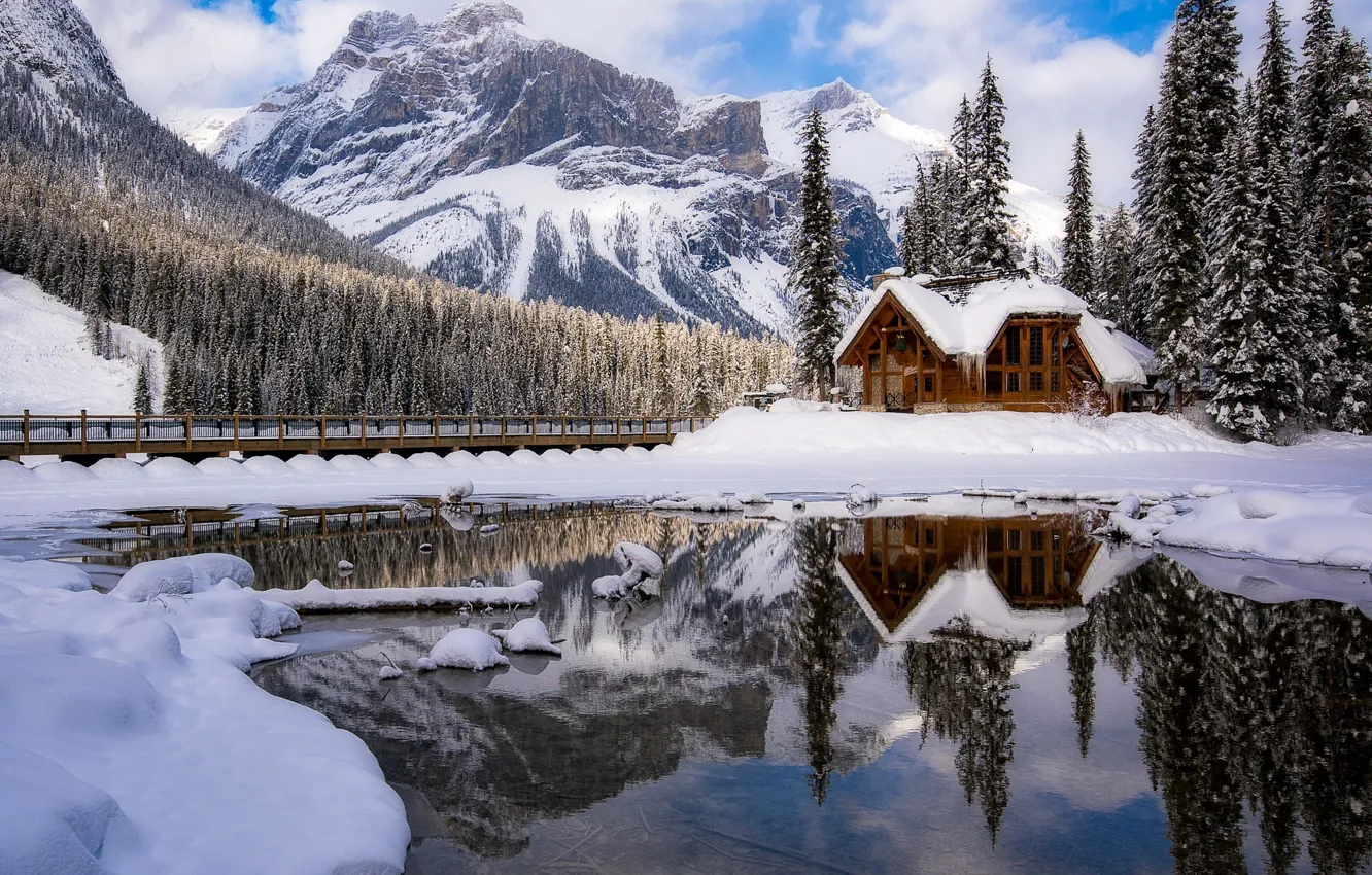 Photo wallpaper winter, snow, mountains, nature, Canada, house